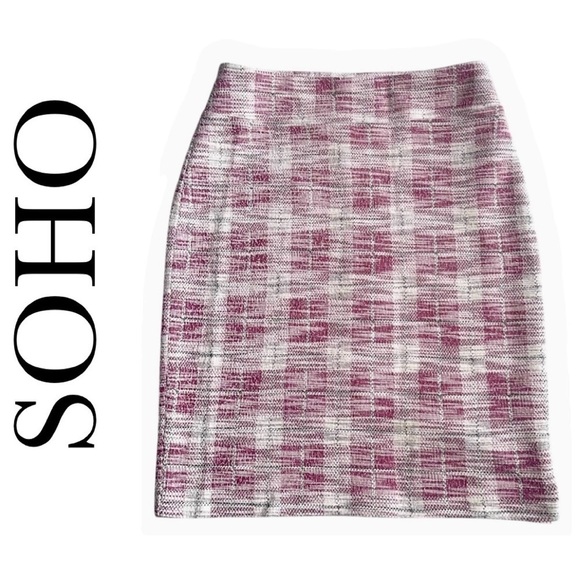 SOHO Cream Red Plaid Pull On Pencil Skirt Stretch Straight Office Women’s S - Picture 1 of 9